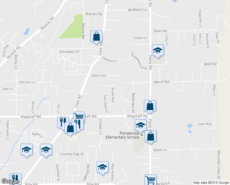 map of restaurants, bars, coffee shops, grocery stores, and more near 6680 Brook Way in Paradise