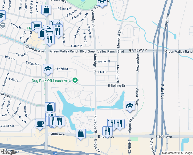 map of restaurants, bars, coffee shops, grocery stores, and more near 16002 East 47th Place in Denver