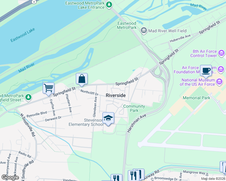 map of restaurants, bars, coffee shops, grocery stores, and more near 1045 Courtney Drive in Dayton