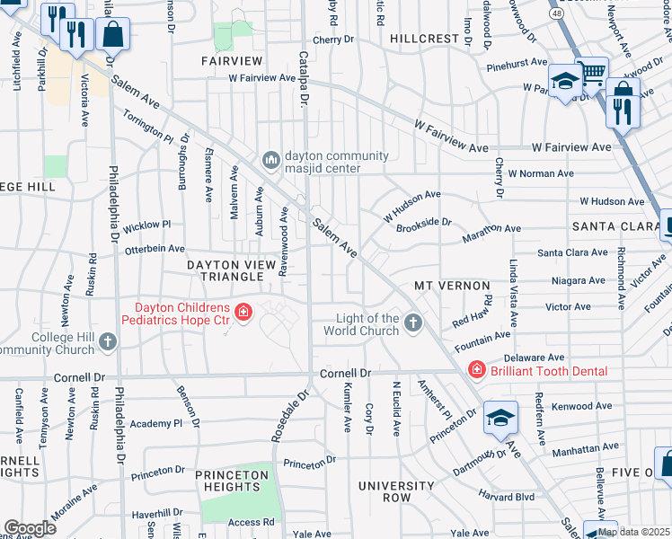 map of restaurants, bars, coffee shops, grocery stores, and more near 1720 Manor Place in Dayton
