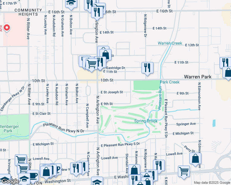 map of restaurants, bars, coffee shops, grocery stores, and more near 6109 East Saint Joseph Street in Indianapolis