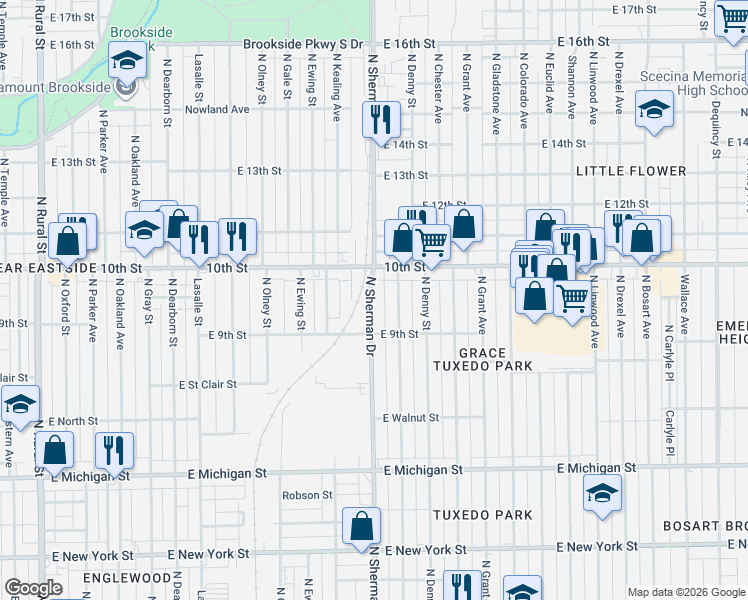 map of restaurants, bars, coffee shops, grocery stores, and more near 928 North Bradley Avenue in Indianapolis