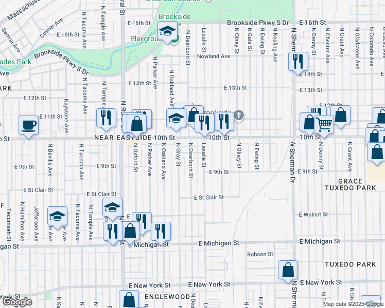 map of restaurants, bars, coffee shops, grocery stores, and more near 933 North Dearborn Street in Indianapolis