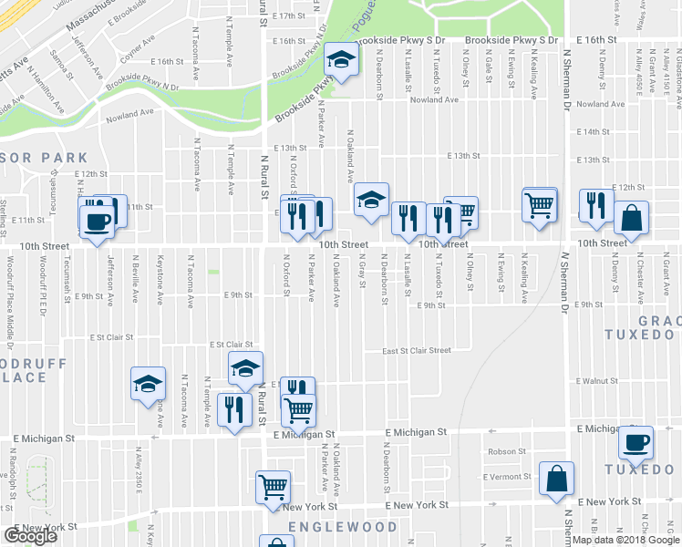 map of restaurants, bars, coffee shops, grocery stores, and more near 918 North Oakland Avenue in Indianapolis
