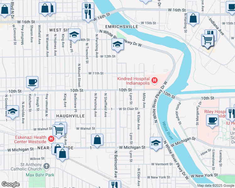 map of restaurants, bars, coffee shops, grocery stores, and more near 942 North Traub Avenue in Indianapolis