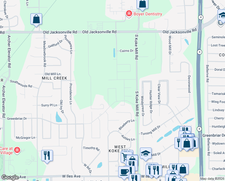 map of restaurants, bars, coffee shops, grocery stores, and more near 3416 Telford Drive in Springfield