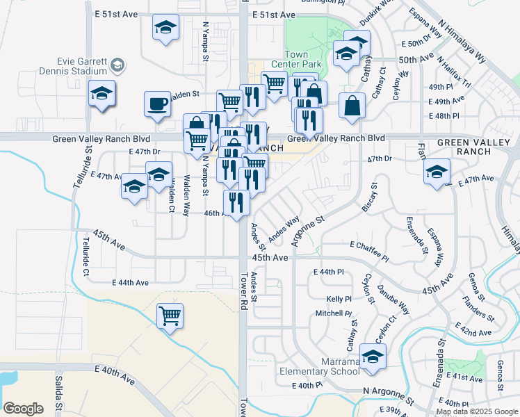 map of restaurants, bars, coffee shops, grocery stores, and more near 14090 East 45 th Place in Denver