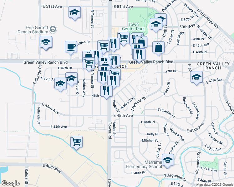 map of restaurants, bars, coffee shops, grocery stores, and more near 9678 45 th Place in Denver