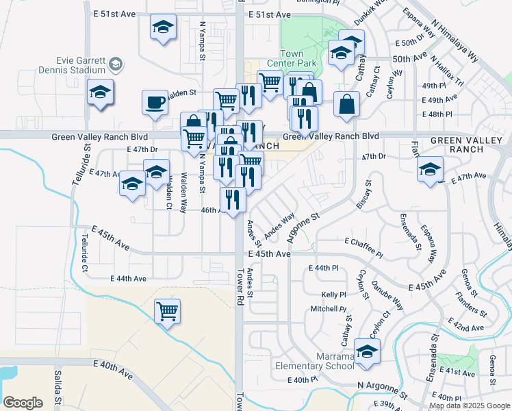 map of restaurants, bars, coffee shops, grocery stores, and more near 12696 East 45 th Place in Denver