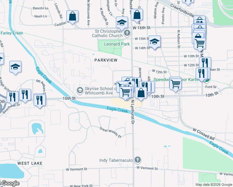 map of restaurants, bars, coffee shops, grocery stores, and more near 5384 West 10th Street in Indianapolis