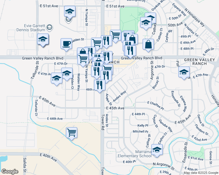 map of restaurants, bars, coffee shops, grocery stores, and more near 9733 45 th Place in Denver