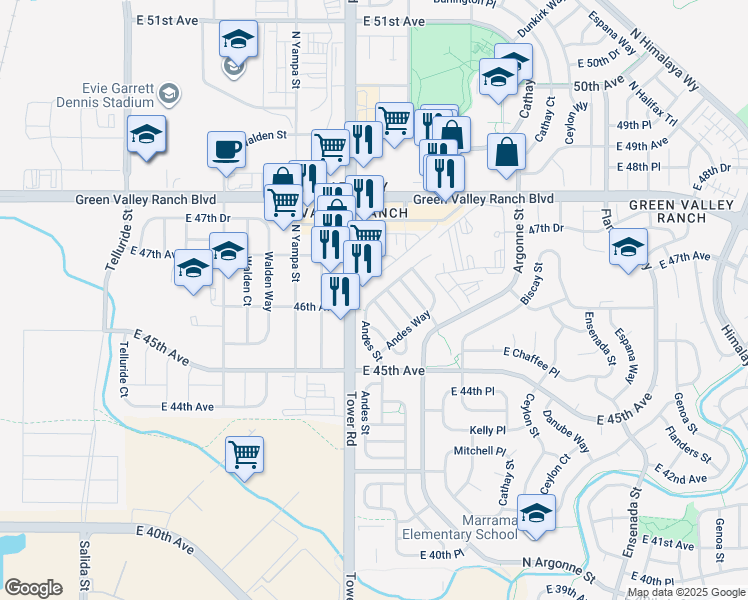 map of restaurants, bars, coffee shops, grocery stores, and more near 12649 East 45 th Place in Denver