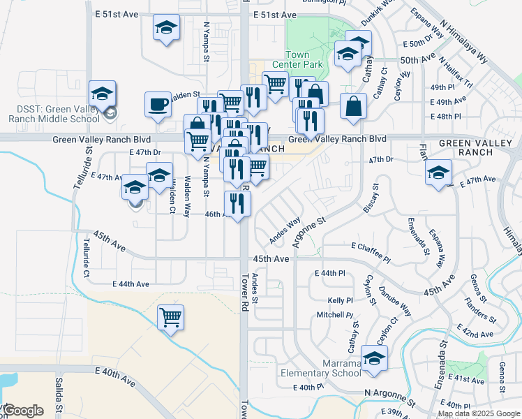 map of restaurants, bars, coffee shops, grocery stores, and more near 13699 East 45 th Place in Denver