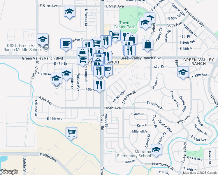 map of restaurants, bars, coffee shops, grocery stores, and more near 11327 East 45 th Place in Denver