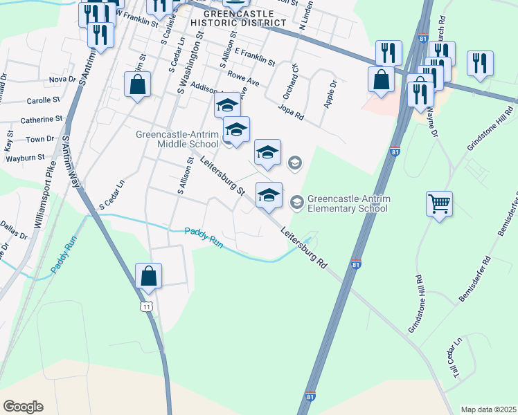 map of restaurants, bars, coffee shops, grocery stores, and more near 500 Leitersburg Street in Greencastle