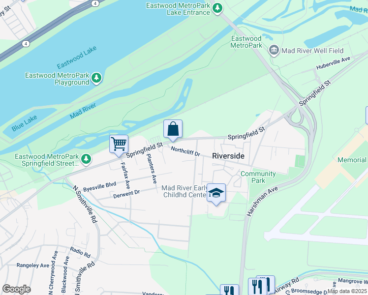 map of restaurants, bars, coffee shops, grocery stores, and more near 4843 Northcliff Drive in Dayton