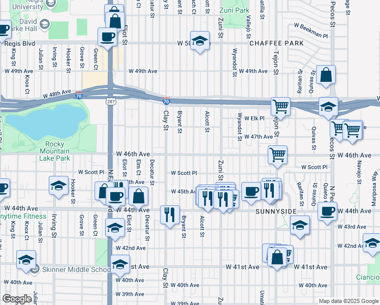map of restaurants, bars, coffee shops, grocery stores, and more near 4598 Beach Court in Denver