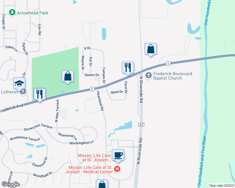 map of restaurants, bars, coffee shops, grocery stores, and more near 1100 Carol Drive in Saint Joseph