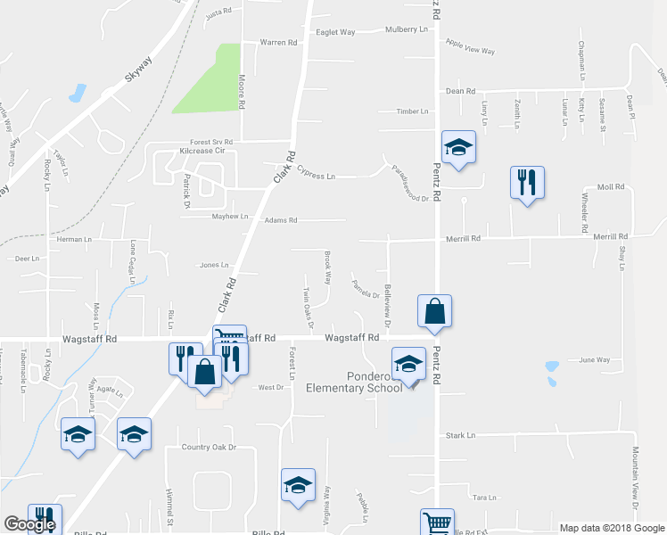 map of restaurants, bars, coffee shops, grocery stores, and more near 6680 Brook Way in Paradise