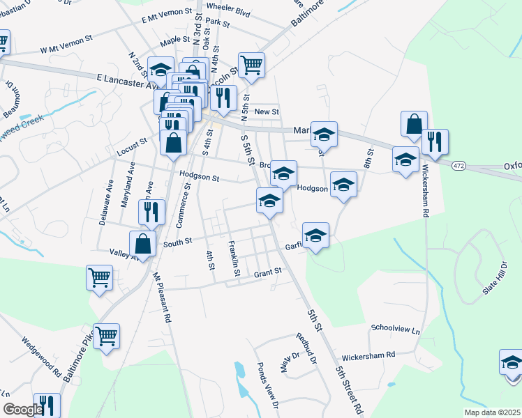 map of restaurants, bars, coffee shops, grocery stores, and more near 240 South 5th Street in Oxford