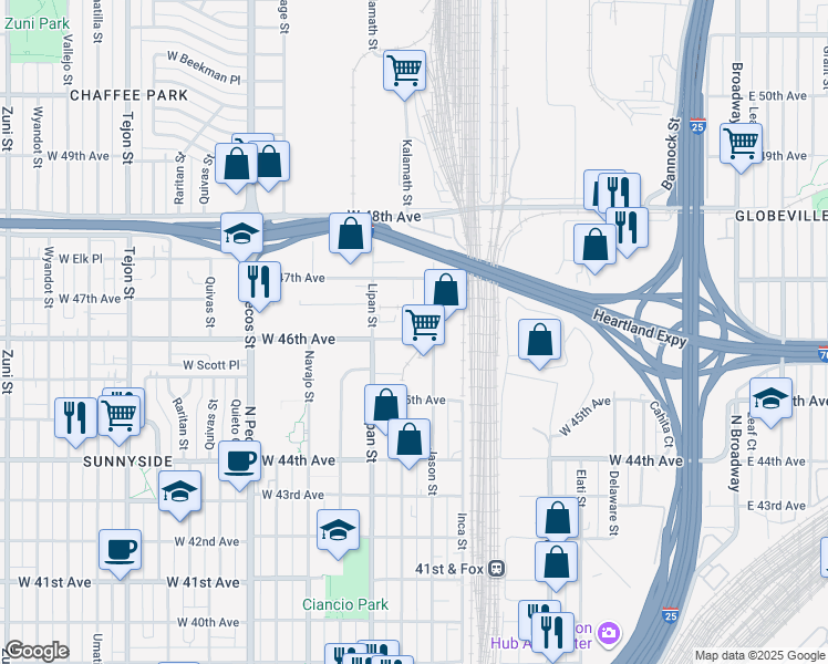 map of restaurants, bars, coffee shops, grocery stores, and more near 1170 West 46th Avenue in Denver