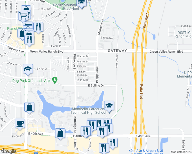 map of restaurants, bars, coffee shops, grocery stores, and more near 4725 Memphis Street in Denver