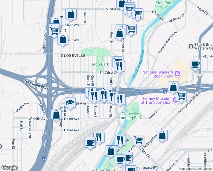 map of restaurants, bars, coffee shops, grocery stores, and more near 517 East 46th Avenue in Denver