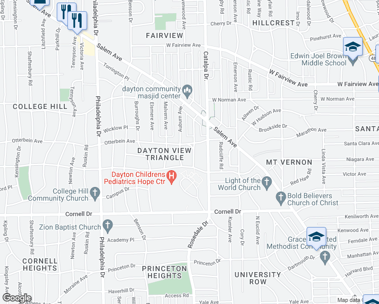 map of restaurants, bars, coffee shops, grocery stores, and more near 1720 Ravenwood Avenue in Dayton