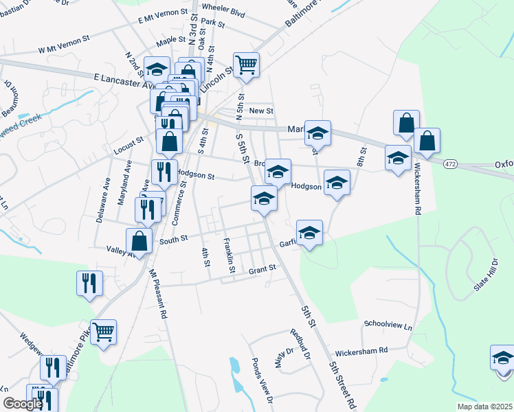 map of restaurants, bars, coffee shops, grocery stores, and more near 240 South 5th Street in Oxford