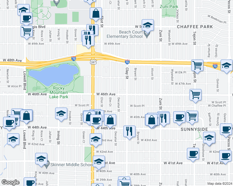 map of restaurants, bars, coffee shops, grocery stores, and more near 2807 West 46th Avenue in Denver