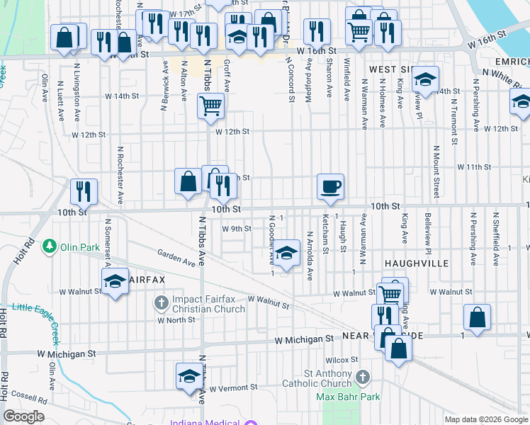 map of restaurants, bars, coffee shops, grocery stores, and more near 3216 West 9th Street in Indianapolis