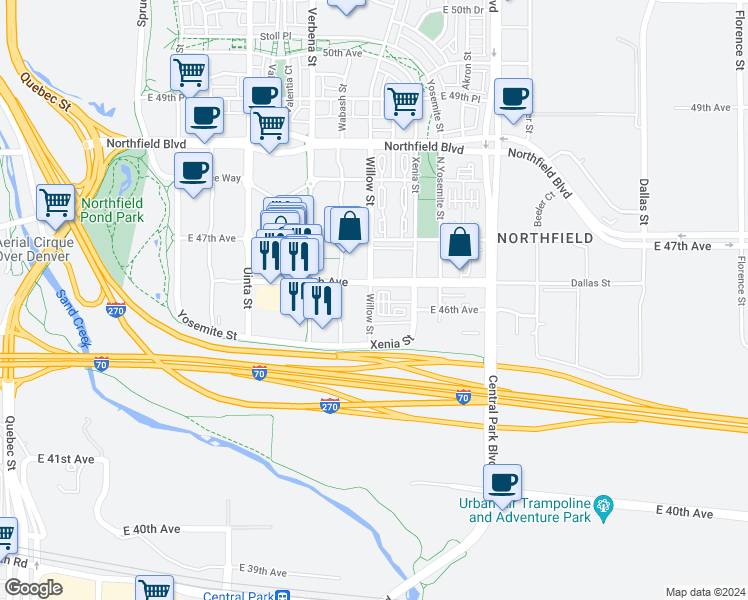 map of restaurants, bars, coffee shops, grocery stores, and more near 4600 Willow Street in Denver