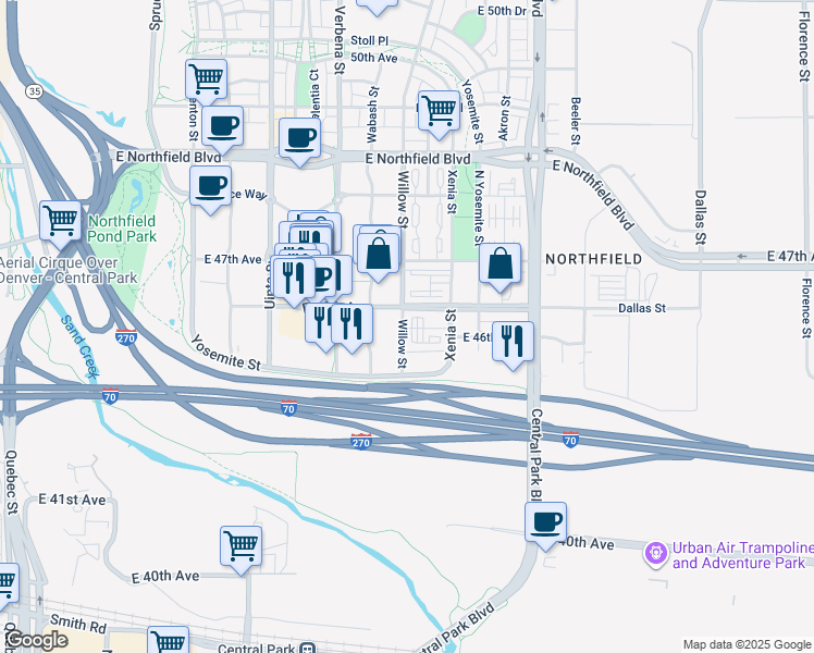 map of restaurants, bars, coffee shops, grocery stores, and more near 4600 Willow Street in Denver
