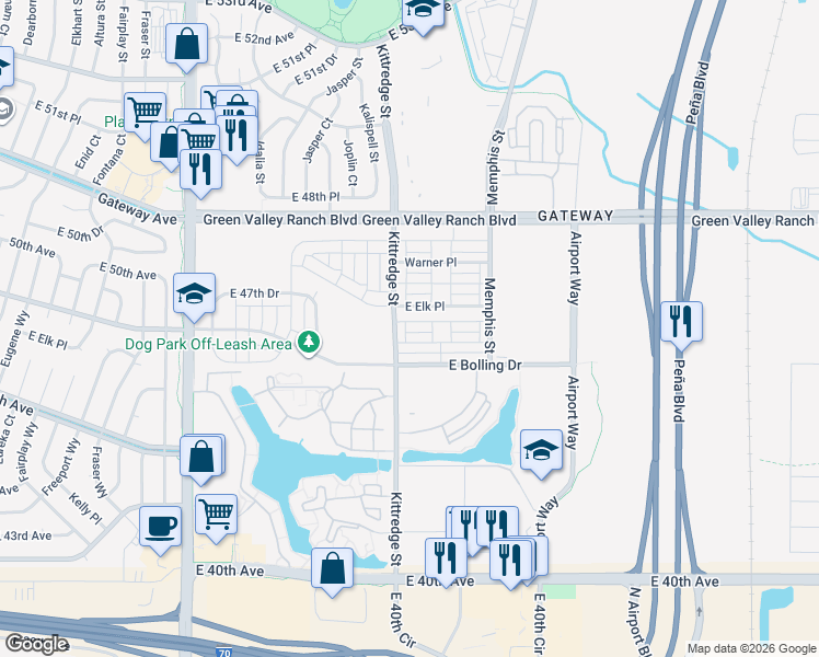 map of restaurants, bars, coffee shops, grocery stores, and more near 16061 East 47th Place in Denver