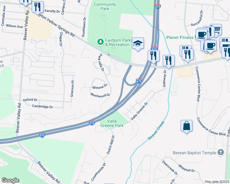 map of restaurants, bars, coffee shops, grocery stores, and more near 2230 Park Hills Drive in Fairborn