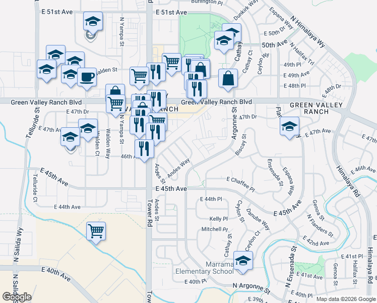 map of restaurants, bars, coffee shops, grocery stores, and more near 18666 East 46th Place in Denver