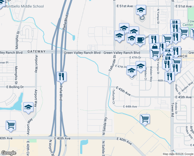 map of restaurants, bars, coffee shops, grocery stores, and more near 4800 Telluride Street in Denver