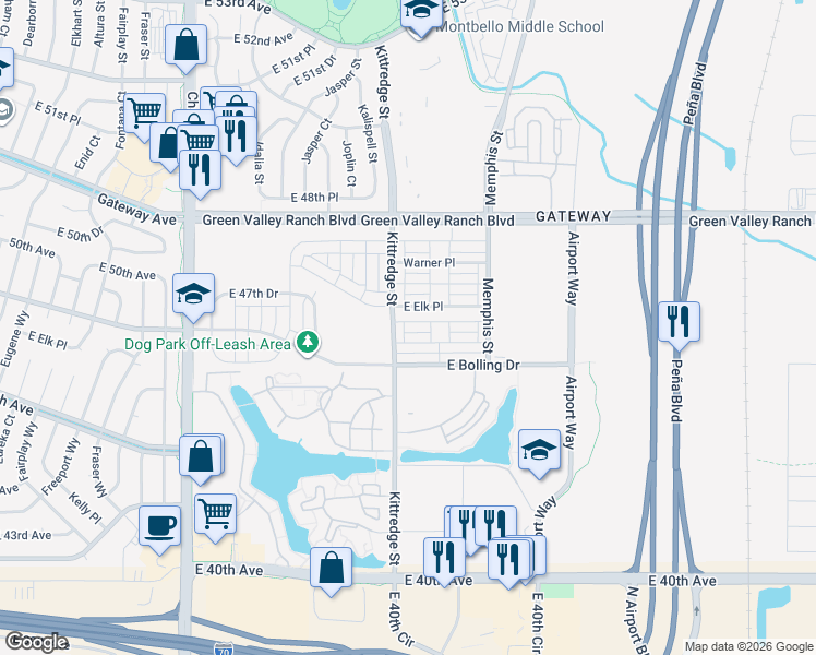 map of restaurants, bars, coffee shops, grocery stores, and more near 16061 East 47th Place in Denver