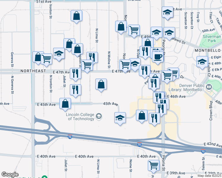 map of restaurants, bars, coffee shops, grocery stores, and more near 11511 E 45th Ave in Denver