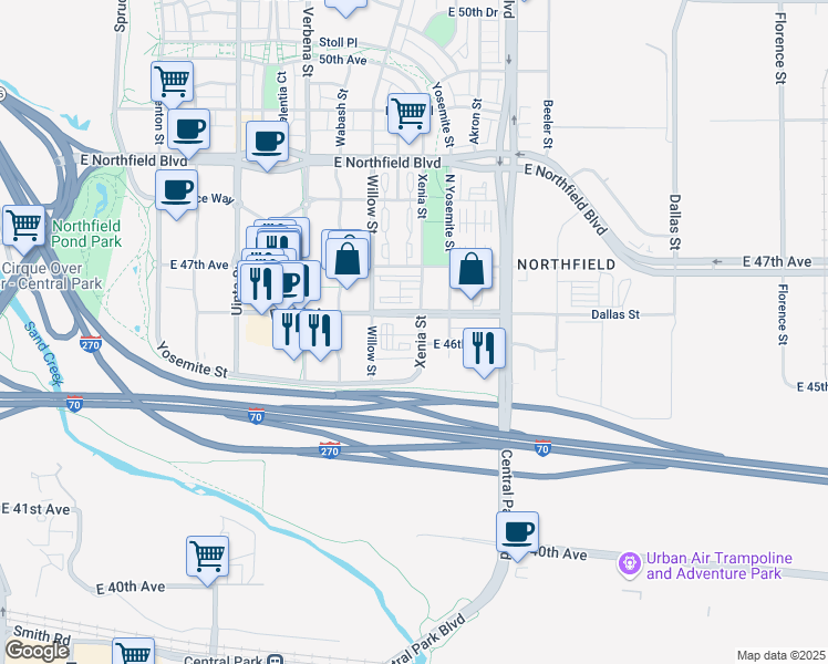 map of restaurants, bars, coffee shops, grocery stores, and more near 4523 Xenia Street in Denver
