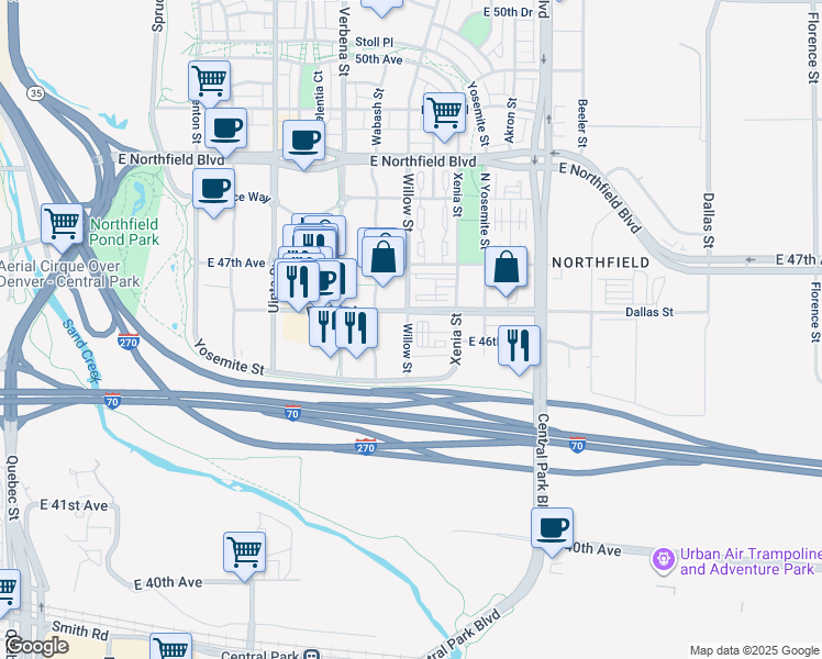 map of restaurants, bars, coffee shops, grocery stores, and more near 4501 Xenia Street in Denver