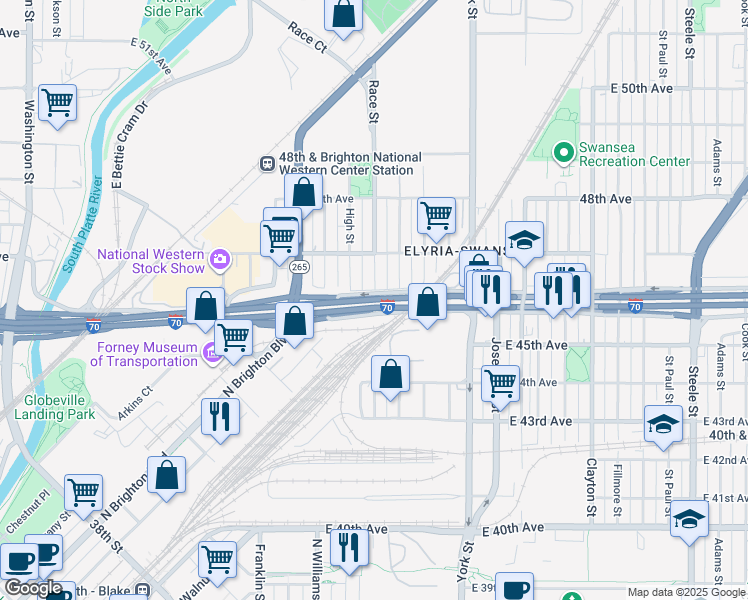 map of restaurants, bars, coffee shops, grocery stores, and more near 4560 Wynkoop Street in Denver