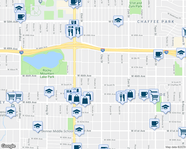 map of restaurants, bars, coffee shops, grocery stores, and more near 4582 Elm Court in Denver