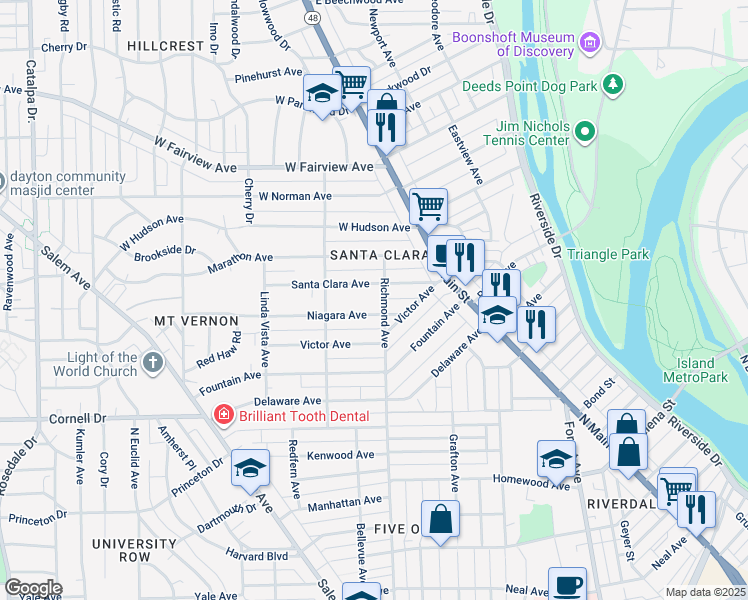 map of restaurants, bars, coffee shops, grocery stores, and more near 123 Niagara Avenue in Dayton
