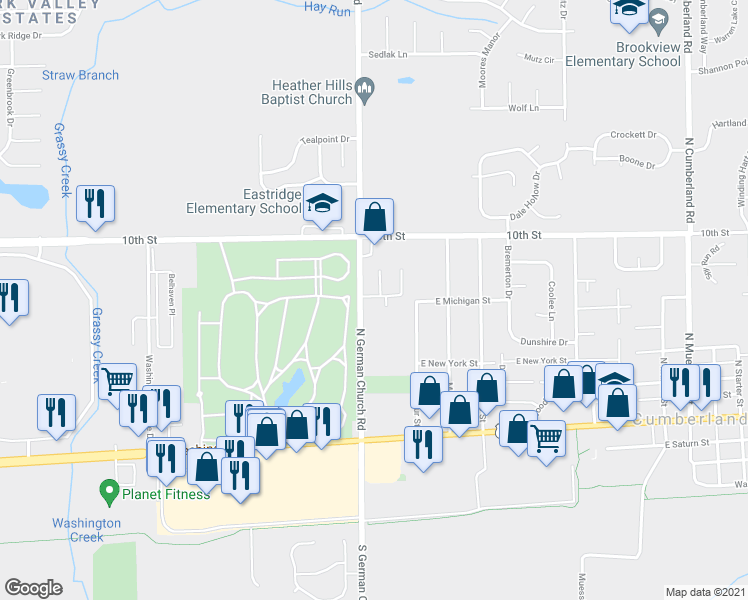 map of restaurants, bars, coffee shops, grocery stores, and more near 367 North German Church Road in Indianapolis