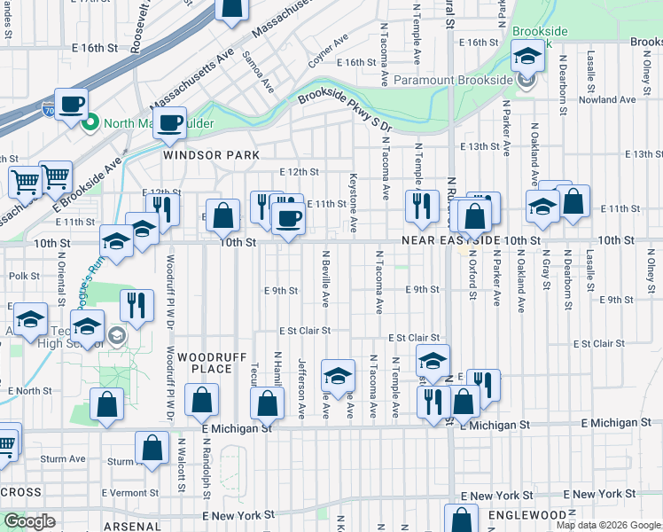 map of restaurants, bars, coffee shops, grocery stores, and more near 915 North Beville Avenue in Indianapolis