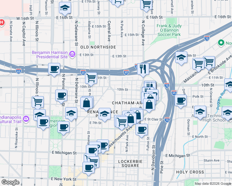 map of restaurants, bars, coffee shops, grocery stores, and more near 922 North Park Avenue in Indianapolis