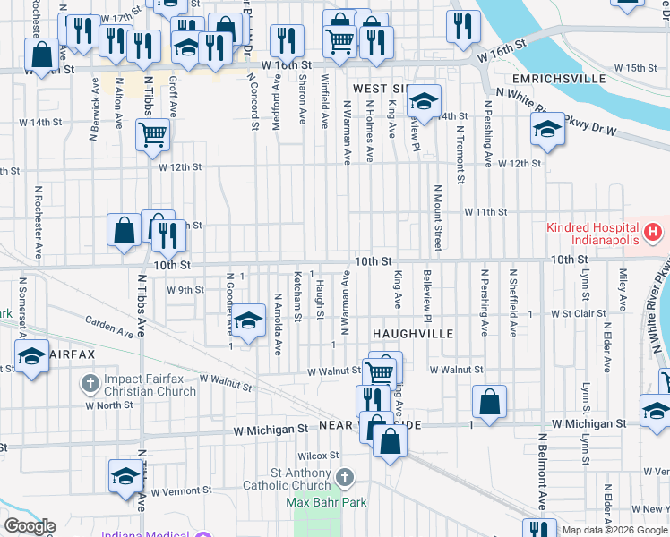 map of restaurants, bars, coffee shops, grocery stores, and more near 952 North Warman Avenue in Indianapolis