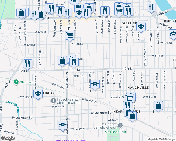 map of restaurants, bars, coffee shops, grocery stores, and more near 3216 West 9th Street in Indianapolis