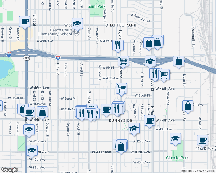 map of restaurants, bars, coffee shops, grocery stores, and more near 2224 West 46th Avenue in Denver